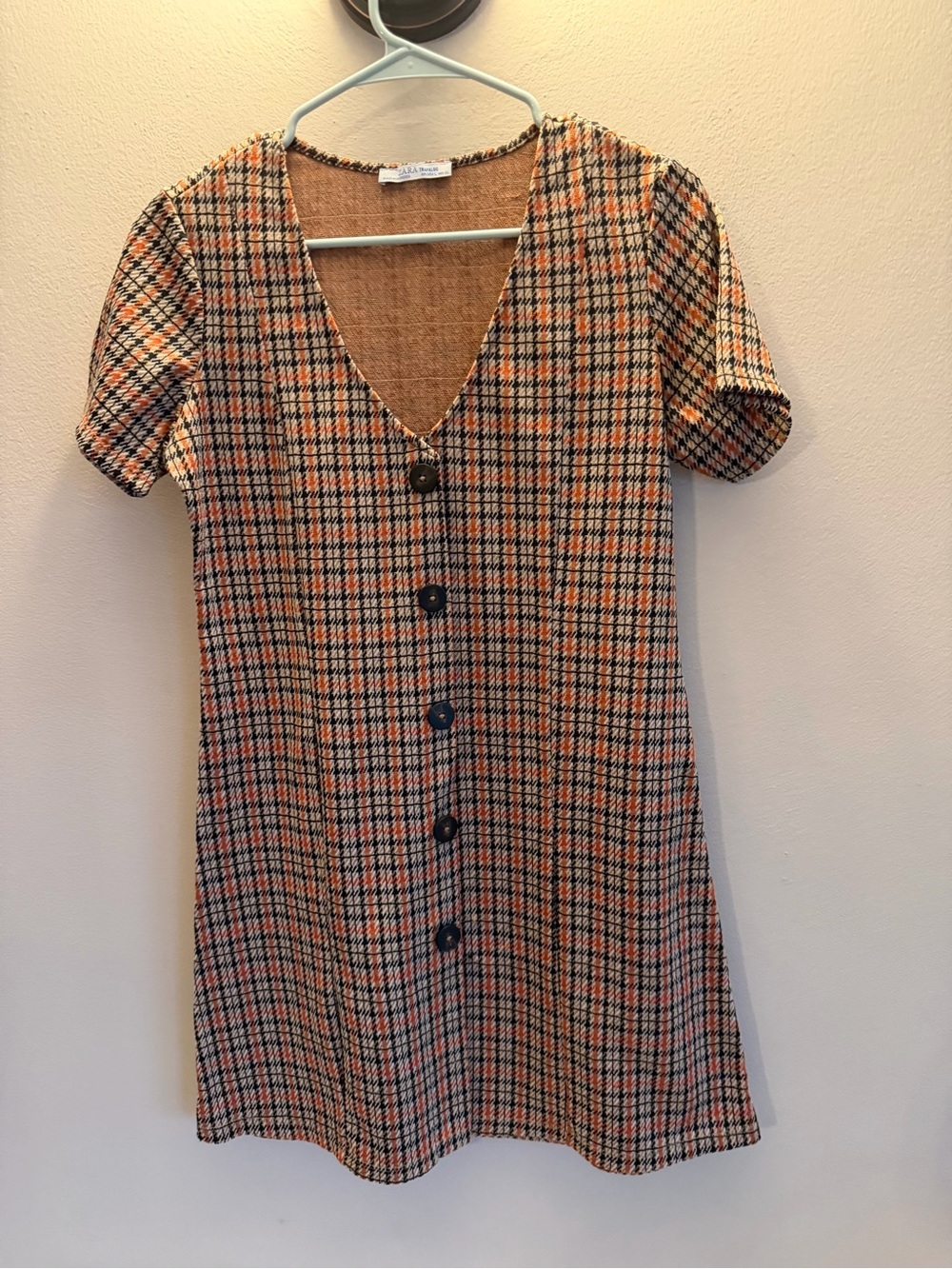 Zara Trafaluc Plaid Mini Dress Orange Black V-Neck Button Front Short Sleeve L